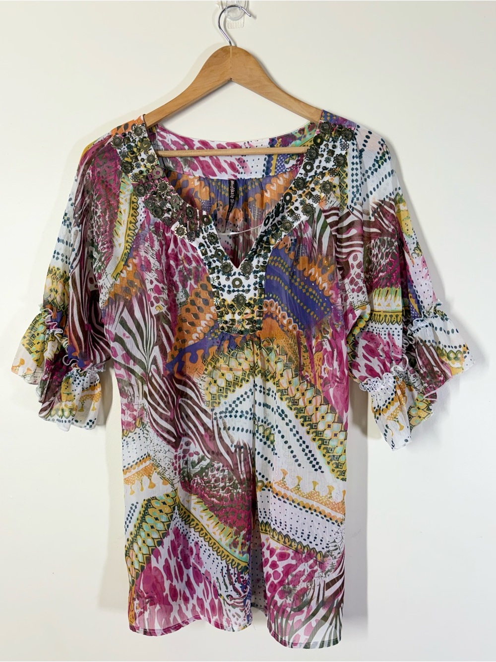 Mushka by Sienna Rose Boho Embellished Tunic Top Mixed Print Ruffle Sleeve